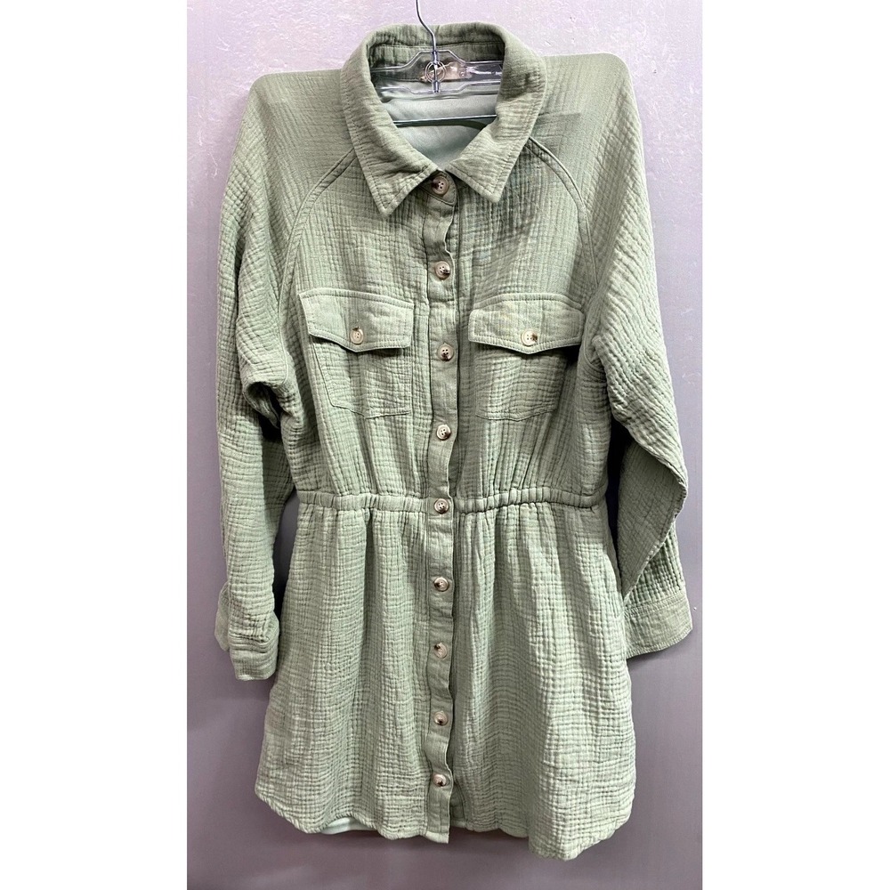 Altar'd State Gauze Shirt Dress Womens Sage Green Flap Pockets Button Front